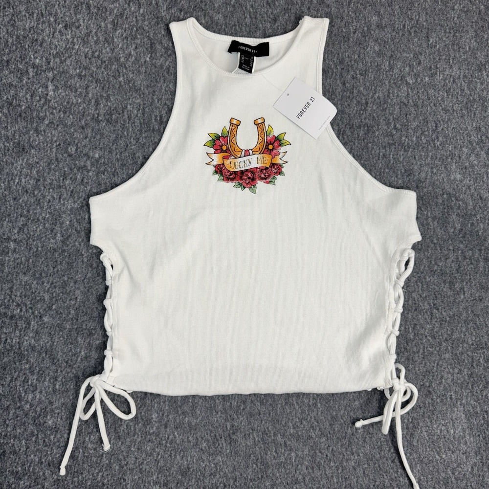 Forever 21 Plus 1X Lucky Me Horseshoe Lace Up Ribbed Crop Tank Top NWT